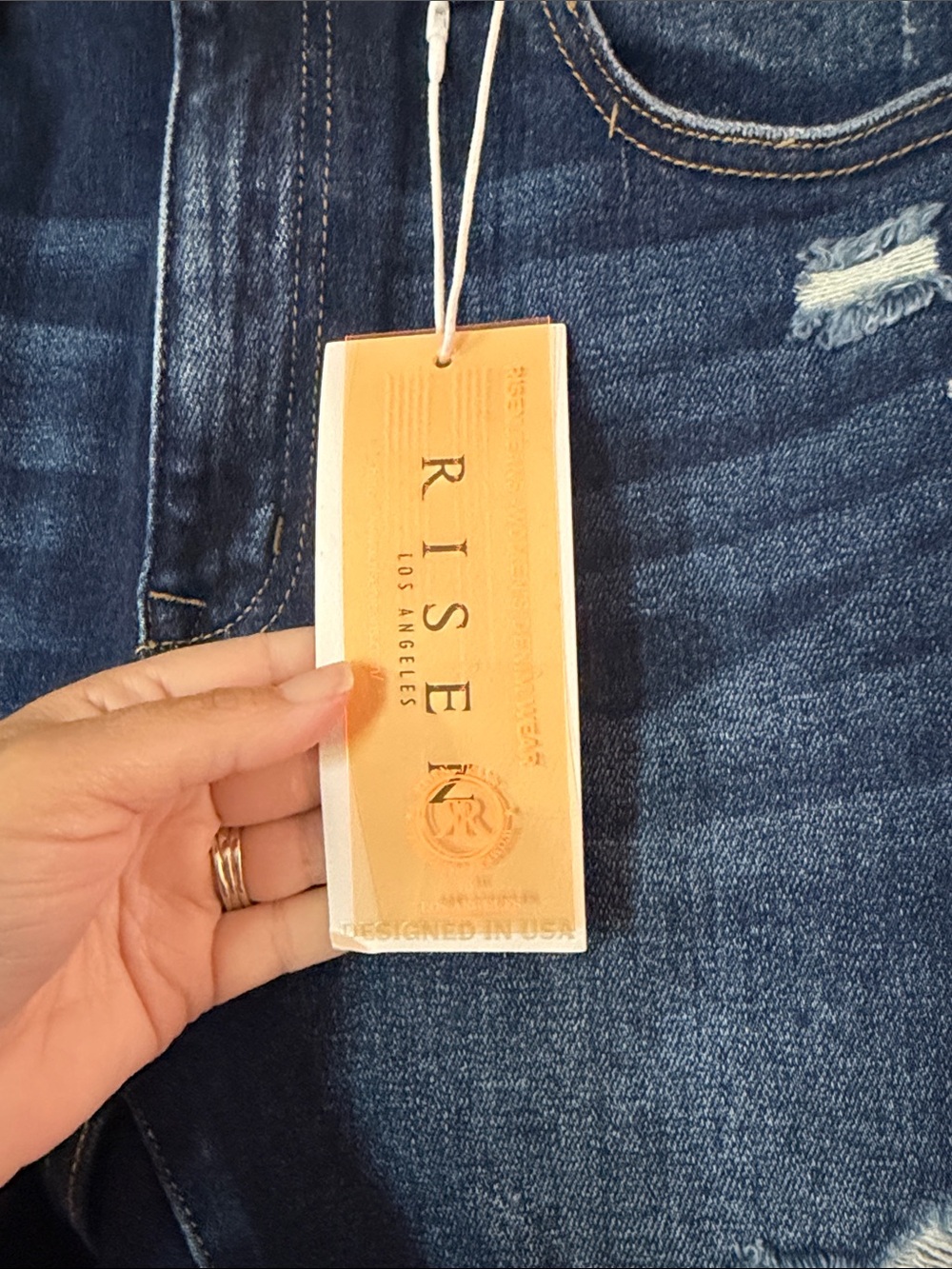 Risen Dark Blue Distressed Denim Jean Shorts - Mid Rise - Picture 4 of 8
